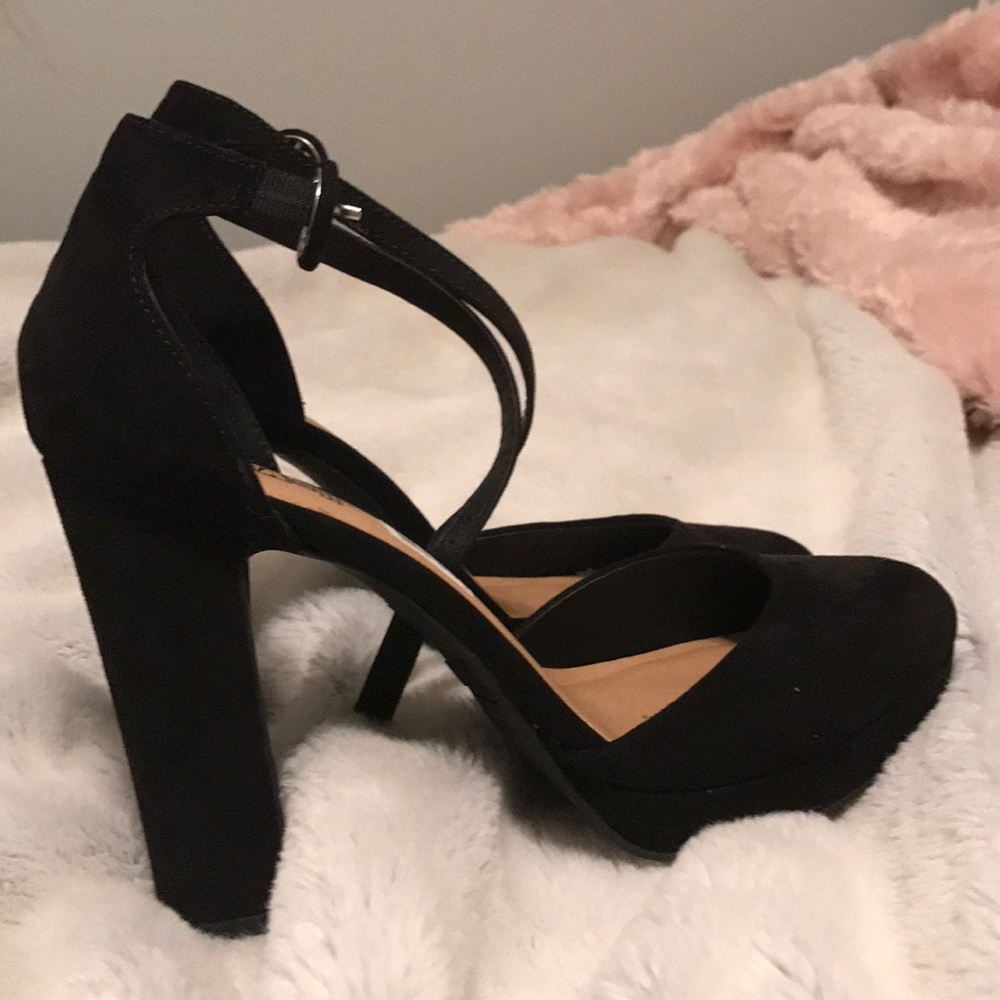 Black suede ankle strap heels
